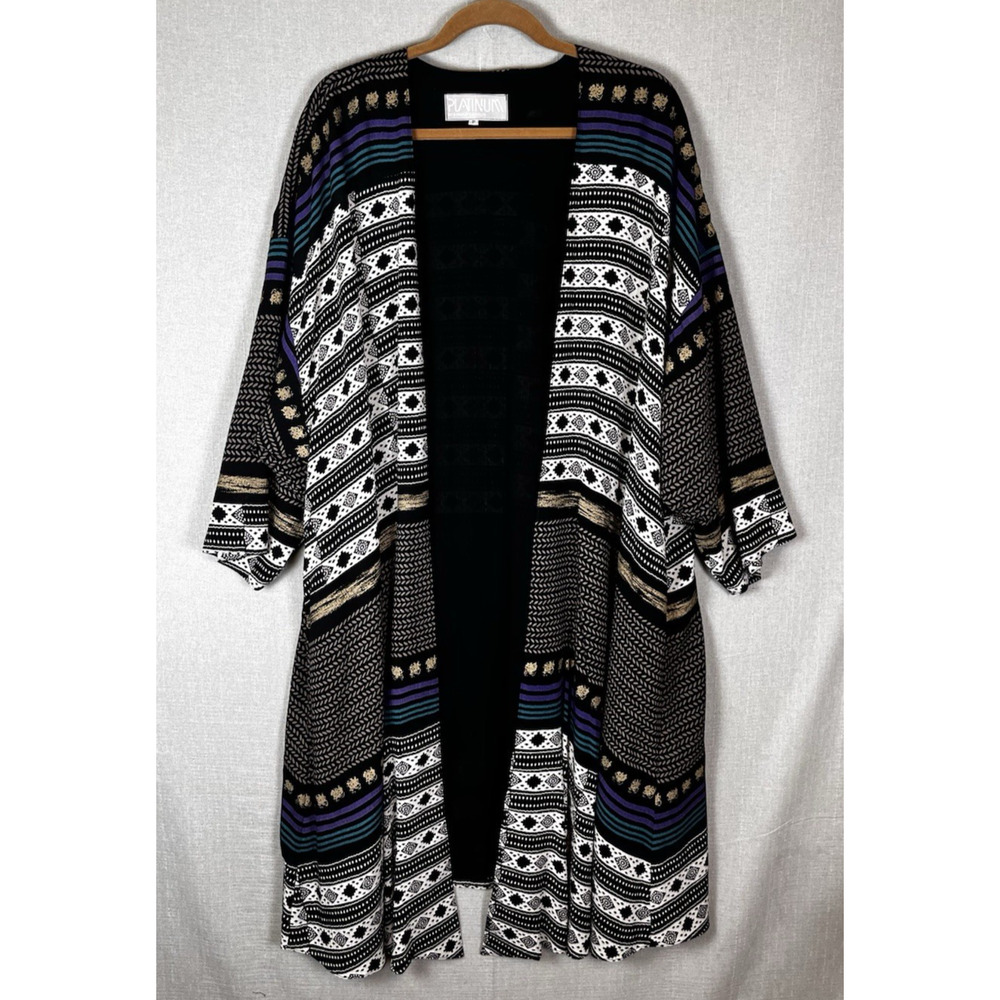 VTG Womens Long Line Kimono Cardigan Duster Plus Size 2X 3X Open Front Aztec USA